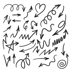 Black Hand Drawn Doodle Arrows Set on White Background Curved, Swirl, Zigzag Sketch Arrow Collection for Design and Infographics