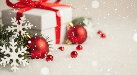 Festive Christmas gift with ornaments and snow for holiday celebrations