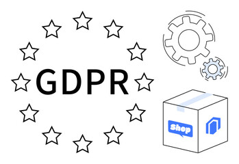 GDPR text surrounded by stars reflects compliance, gears signify operational processes, and package with shop icon represents e-commerce. Ideal for regulation, data privacy, business, e-commerce