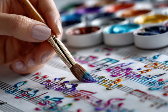 Creative hand painting colorful musical notes on sheet music with paintbrush in studio setting
