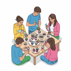 Handdrawn Group of People Decorating Cupcakes Together at the Table Illustration