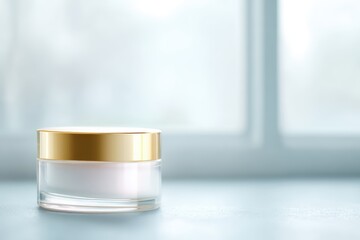 325. cosmetic jar with golden accents and soft glow, modern vibe, natural window light, ample space for text, brand-safe, no logos