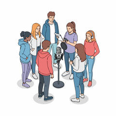 Handdrawn Isometric Diverse Group of People Recording Podcast in Studio
