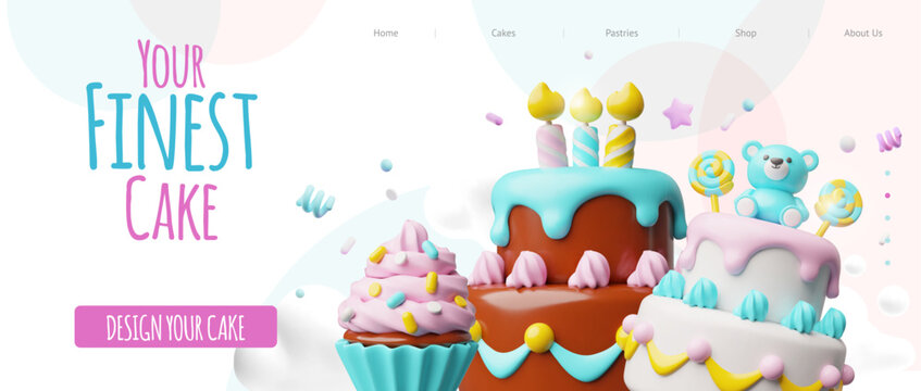 Your finest cake 3D cartoon vector advertising landing page, design your Birthday cakes, baby shower and cupcake dessert - Powered by Adobe