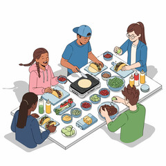 Flat Cartoon Illustration of a Diverse Group of People Eating Tacos Together