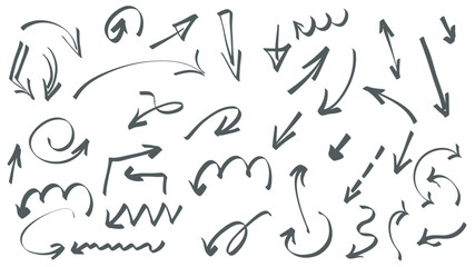 Arrow doodles graphic elements set. Collection of black thin hand drawn scribbles with curved, swirl, rotation, curl and other shapes marks, different directions scratch pointers. Vector illustration.
