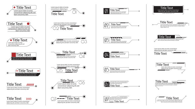 Call outs titles graphic elements set. Collection of simple black callout labels, hud bars, window templates with information arrows, info frames, dashboard menu with text space. Vector illustration.