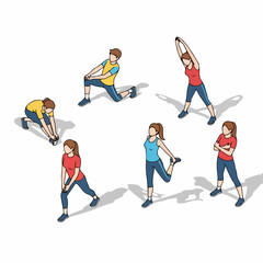Isometric Pixel Art Group of People Stretching Exercise Fitness Sport