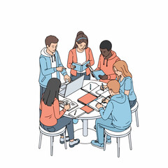 Flat Line Art Collaborative Study Group of Students at Round Table Illustration