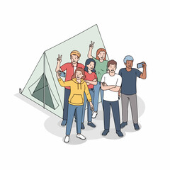 Modern Line Illustration Group of Friends Camping and Taking Selfie
