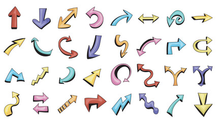 Comic style arrow graphic elements set. Collection of bright colorful moving symbols with down, up, swirl, curl and other shapes cursor marks, different directions pointers. Vector illustration.