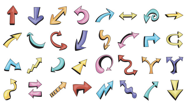 Comic style arrow graphic elements set. Collection of bright colorful moving symbols with down, up, swirl, curl and other shapes cursor marks, different directions pointers. Vector illustration.
