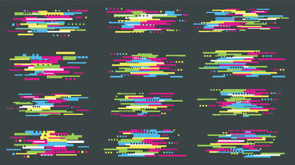 Glitches video textures graphic elements set. Collection of abstract bright colours screen artifacts and noise, digital distorted pattern of bad broken signal, error code effect. Vector illustration.