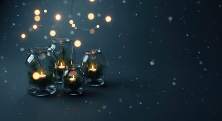 Naklejka premium Festive Christmas Mason Jar Candle Lights with falling snow background