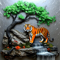 Obraz premium Tiger standing near the waterfall in a forest I Wall Decor 