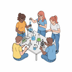 Colorful Handdrawn Students Doing Chemical Experiment in Laboratory Illustration
