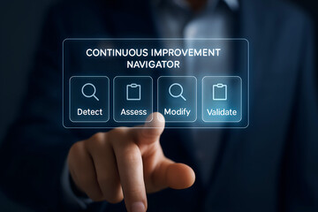Businessman Navigating Continuous Improvement with Digital Interface