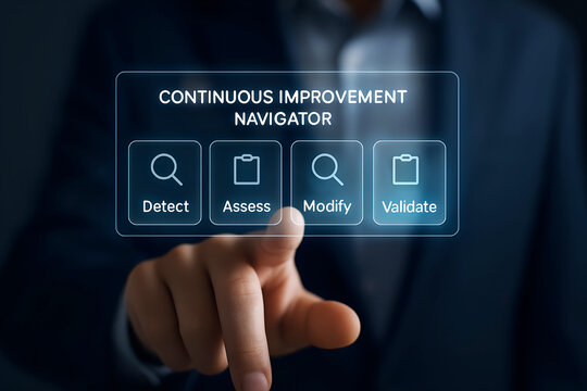Businessman Navigating Continuous Improvement with Digital Interface