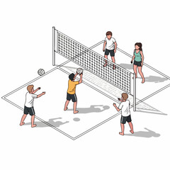 Isometric Illustration of Volleyball Game with Players and Net on Court