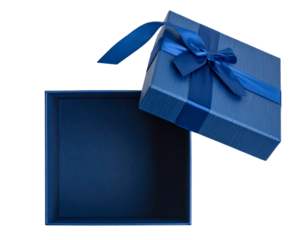 Open Blue Gift Box With Ribboned Lid Floating Above, Top-Down Angle, Isolated