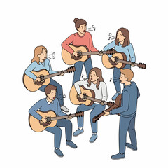 Hand Drawn Group of Young People Playing Guitar and Singing Music
