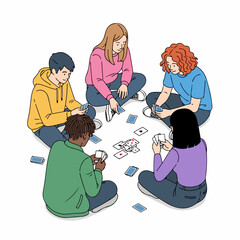 Flat Style Depiction of People Playing Card Game Together Illustration