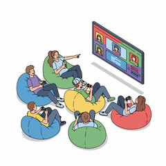 Modern Hand Drawn People Relaxing on Beanbag Chairs Watching Online Meeting Illustration
