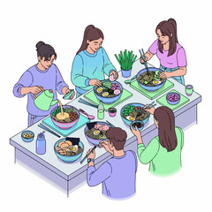 Detailed Isometric People Eating Together Around the Dining Table Illustration