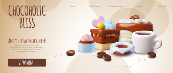 Chocoholic bliss advertising vector landing page, coffee cup and chocolate desserts, realistic cupcake, donut and cakes