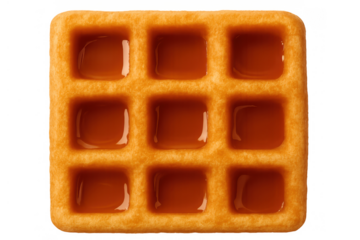 Waffle with caramel topping or maple syrup dripping, golden brown delicious breakfast pastry, transparent background