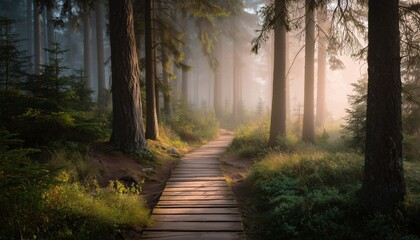Fototapeta premium Idyllic Autumn Landscape: Sunlit Wooden Pathway Through Coniferous Forest In Mysterious Fog At Sunrise. Cenas Tirelis, Latvia. Fairy Scene Of Natural Tunnel