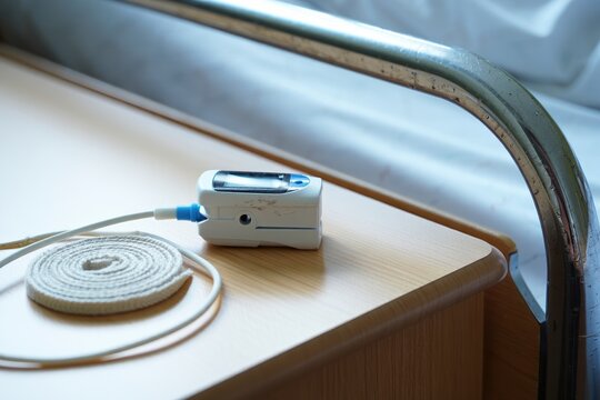Pulse oximeter with coil and medical tape beside a hospital bed rail nearby