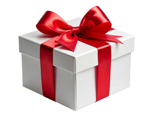 Square Gift Box With Red Satin Bow, Front-Facing Classic Presentation, Isolated on Transparent Background