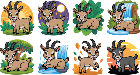 Fototapeta premium Cute Cartoon Goat Illustrations In Various Natural Settings And Poses animal character