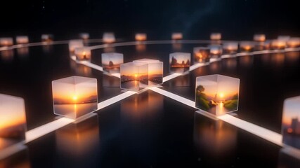 Global Connectivity: B-Roll of an abstract digital network with interconnected cubes displaying diverse cityscapes and golden hour landscapes.