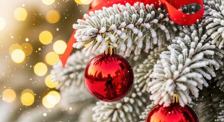 Festive Christmas Tree Decoration with Red Bauble and Snowy Branches