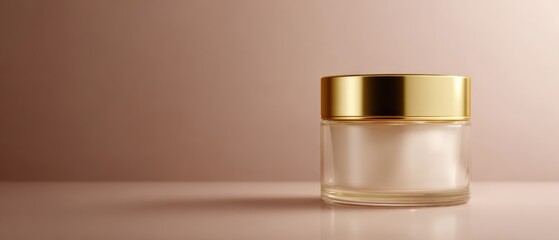 435. cosmetic jar with golden accents and soft glow, editorial style, golden hour tone, balanced rule of thirds, ideal for commercial use