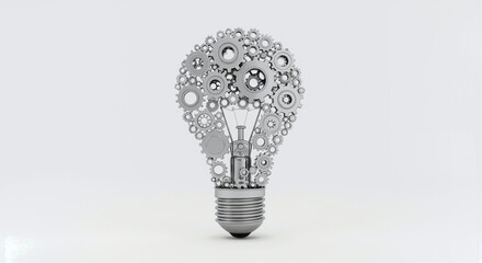 An artistic representation of an idea, composed of a light bulb shape with gears inside. A metaphor for the interconnected mechanisms of ingenuity, invention and inspiration.