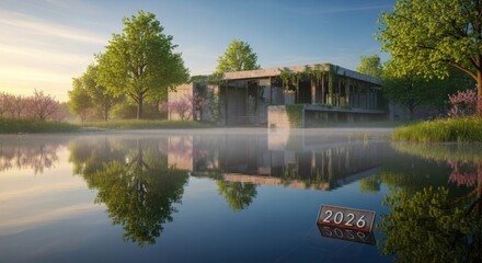 Tranquil Lakeside Ruins Bathed in Golden Morning Light