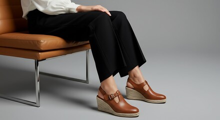 A fashionable woman in classic black trousers sits on a modern tan leather chair, showing off her stylish brown wedge heeled sandals