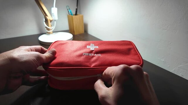Desk medication kit inspected under bright light, Reviewing first aid supplies quickly during office routine check, Rapid assessment of first aid essentials on desk as part of safety procedures