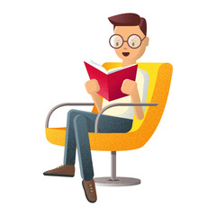Vector illustration of a man sitting in a chair reading a book. Illustration on the theme of reading.