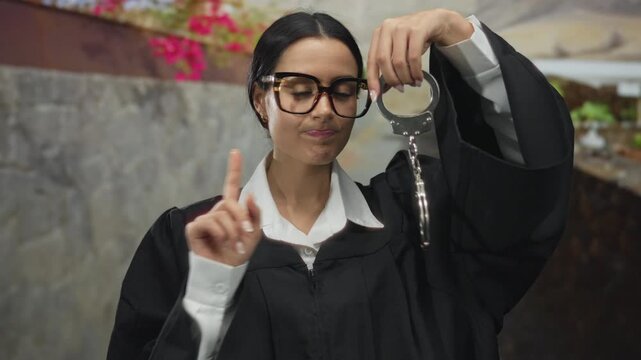 Young hispanic woman in judge uniform outdoors holding handcuffs and gesturing no with finger, expressing judgmental authority in a professional setting.