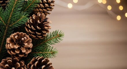 Festive evergreen branches with pine cones and bokeh lights background