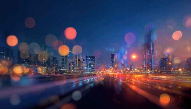 Artistic Representation Of Night City Construction With Double Exposure And Lens Flare Creating A Circle Of Light In Blurred Sky.