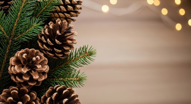 Festive evergreen branches with pine cones and bokeh lights background - Powered by Adobe