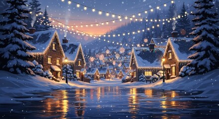 Magical Snowy Village Illuminated by Warm Festive Lights