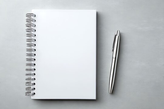 An organized workspace featuring a sleek metal pen elegantly placed beside a blank, spiral-bound notebook ready for notes or sketches.