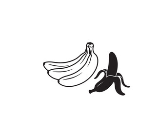 Black and White Banana Illustration with Peeled and Unpeeled Fruit