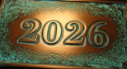 Rustic Copper Year Plaque Featuring the Numbers 2026 With a Textured Green Patina